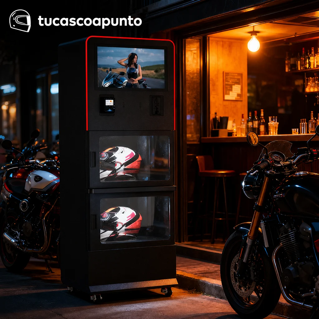Máquina de limpieza de cascos TuCascoAPunto en funcionamiento con motos